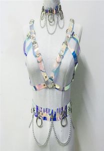 Women039s Trainingsanzüge Handgefertigt Goth Holographic PVC Choker Laser Crop Top Link Chain Taillengürtel Sexy Rave Festival Outfits Ha5360931