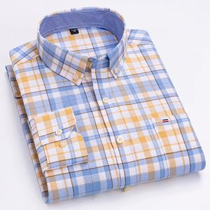 Homens Oxford Camisas Algodão Xadrez Listrado Cor Sólida Manga Longa Bolso Único Moda Clássico Modelo Casual Negócios 240307