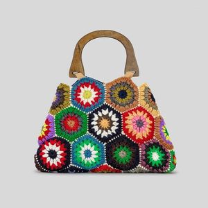 Axelväskor mode fyrkantig virkning påse hippie klassisk handgjorda blomma vävning färgglada boho chic tote för vintern