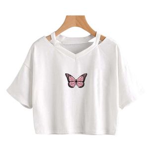 Kurzärmliges T-Shirt mit V-Ausschnitt im Schmetterlingstier-Stil mit freiliegendem Nabel und hohlem Oberteil