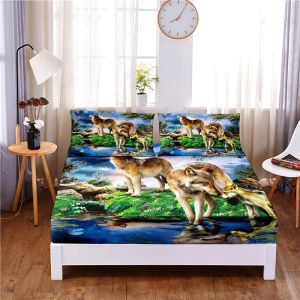 Set Wolf Digital Printed 3pc Poliester Polestted Mattress Cover Four Corners z elastyczną opaską poduszki z blachy złoża