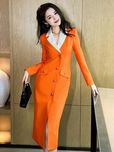 Elegant Professional Midi Dress Womens Celebrity Business Orange Single Breasted Slit Robe Office Lady Work Style Vestido Mujer 240313