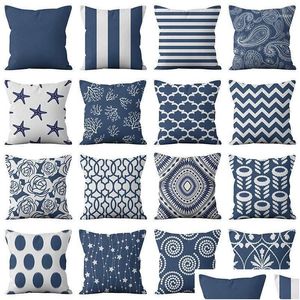 Cuscino / Cuscino decorativo Cuscini di lino geometrici blu navy Er Moda moderna Nordico Divano Semplice Cuscino Soggiorno Decor Tiro Dro Dh1I6