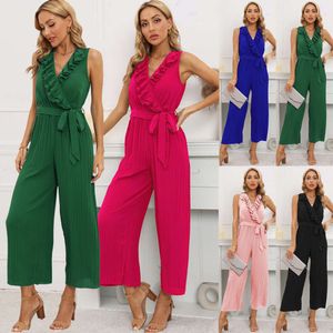 2024 Summer Women's New Sleeveless V-Neck Ruffle Lace 100 Pleated Jumpsuit