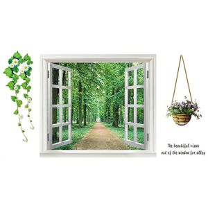 Klistermärken Landscape Mural, Treelined Trail, Vinyl Wall Stickers, For Room, Fake 3D Window, Flower Vine Decoration, Art Wallpaper, 90*60cm