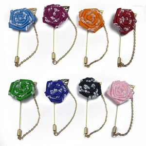 Brooches !12pcs/lot 4CM Ribbon Rose Flowers Leaf Male Accessories Vintage Golden Stick Pin Men Suits Lapel Pins