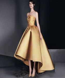 Elegant guld applikation prom klänning stropplös highlow ruffle aftonklänning ny design högkvalitativ hemkomstklänningar satin highend 1671531