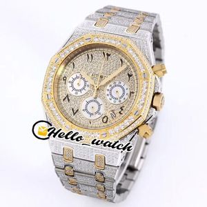 Full Iced Out Diamond Watches Pave Two Tone Yellow Gold Arabic Numerals Markers Dial VK Quartz Chronograph Mens Watch Sport Hello 257r