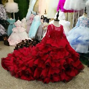 Girl Dresses Burgundy Girls Tiered Ball Gown Kids Formal Wear Lace Beads Little Birthday For Special Occasion