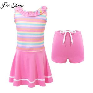 Roupa de banho infantil, sem mangas, listras, estampa, vestido de natação, gola redonda, conjunto de shorts de banho, piscina, praia, proteção contra queimaduras