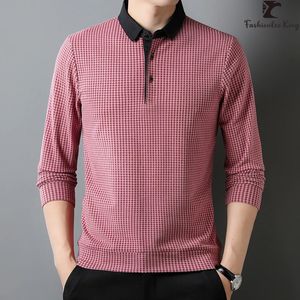 Classic Autumn and Winter Men's Plaid Polo Shirts Manlig casual Business Long Sleeve Collar Polo Tee Shirt 240326