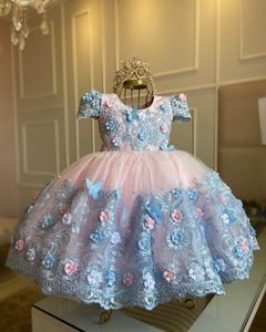 Gown Princess Ball Girls Pageant Dresses Jewel Neck Handmade D Flowers Butterflies Tiered Tulle Kids Prom Gowsn Birthday Party Flower Girl Dress Custom Made