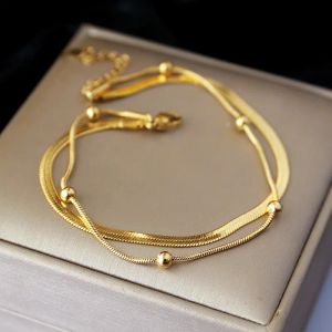 14k Gelbgold Farbe Doppelschicht Fußkettchen für Frauen Mädchen Neuer Trend Beinkette Wasserdichter Schmuck Geschenk Party