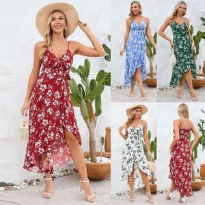 Neues sexy unregelmäßiges Kleid für Damen mit langem Hosenträger und Blumen-Strandrock