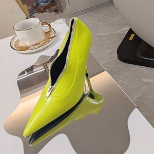 2024 novo couro real zíper sapatos de salto fino feminino dedo do pé apontado rasa bombas de escritório sexy pista designer sapatos femininos