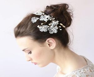 ホワイトクリスタルフラワーヘアクリップレーススパークルリーフヘアクリップヘアアクセサリーウェディングヘッドピースの結婚式ティアラス