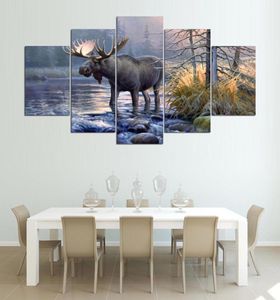 Настенное искусство, холст для гостиной, абстрактные 5 панелей, пейзаж с изображением животных и озера, домашний декор, современные HD печатные картины5751724