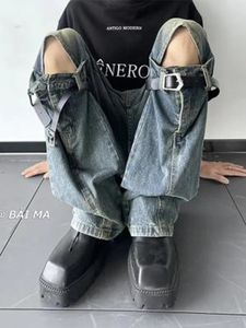 Calças de brim dos homens do vintage joelho destruído jeans rasgados streetwear calças de ajuste fino mendigo buraco hip hop calças jeans homens y2k jeans 240309