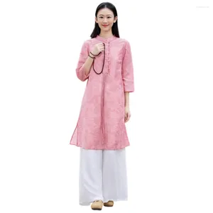 Active Sets Chinese Outfit National Costume Tang Suit Zen Meditation Clothes Tea Wear Hanfu Improved Qipao 3-Piece Set Yoga Attire Female