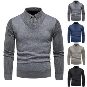 Men's Sweaters Men Sweater Striped Lapel With Button Detail Fall/winter Business Style Pullover Slim Fit Knitted Soft Warm