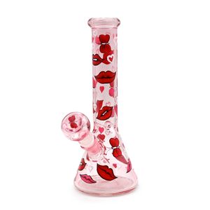 1pc,25.5cm/10in,Handdrawn Cartoon Love /Lips/Kiss Pattern Cigarette Set, Borosilicate Pink Glass Water Pipe,Glass Bongs,Glass Hookah,Handmade Handicraft
