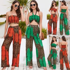 2024 Summer New Slim Fit Bra Hanging Neck Top Printed Wide Leg Casual Fashion Pants Set for Women