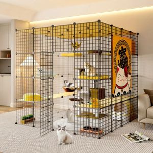 Cages Modern Wrought Iron Cat Cages Home Indoor Cat House Minimalist Large Cat Villa Pet Shop Light Luxury Multilayer Cage for Cats