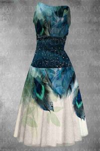 Podstawowe sukienki swobodne damskie gwiaździste błękitne pawie z pióra print bez rękawów okrągła szyja sukienka midi do nadruku seksowna sukienka żeńska 2403