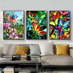 RUOPOTY 3-teiliges Malen-nach-Zahlen-Set, Schmetterling, Tierfarbe, Blume, handgefertigt, Heimdekoration, Kunstwerk