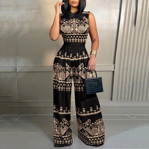 Casual ärmlös blommig tryck Jumpsuit Kvinna vår sommarlånga breda ben jumpsuits för kvinnor svarta rompers 240220