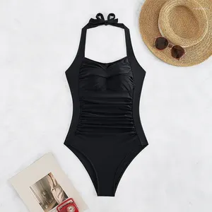 Mulheres Swimwear 2024 Rugas Slim Beach Bikini Sólido Preto Um Pedaço Swimsuit Mulheres Sexy Halter Suspender Backless Verão Monokini Y285