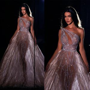 Nowa iluzja arabska błyszcząca syrena wieczorowa sukienki Seksowne jedno ramię cekiny koraliki Prom Formal impreza Vestidos de 2024