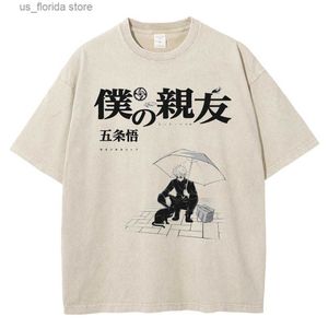 Men's T-Shirts Hip Hop Strtwear Washed Apricot Ts Men Fashion Cotton T-Shirt Harajuku Japanese Anime Graphic Print Oversized Tops Y240314