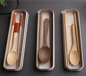 健康な日本スタイルの木製または竹の箸スプーンディナーウェアカトラリーセット屋外旅行箱9295324