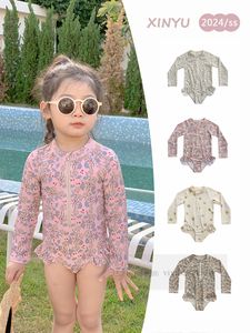 INS Kinder floral bedruckter einteiliger Badeanzug Kinder Zitrone Langarm Badebekleidung 2024 Sommer Mädchen Urlaub SPA Strand Schwimmen Z7157