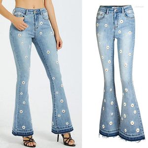 Damenjeans AYUALIN Elegante Blumenstickerei Frauen Casual Hohe Taille Baumwolle Damen Vintage Slim Flare Bein Denim Hosen Sommer