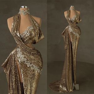 Sexy Sequined Prom Gown with Beads Sleeveless Luxury Evening Dresses Custom Made Crystal Halter Party Gown Side Split Robe De Soriee