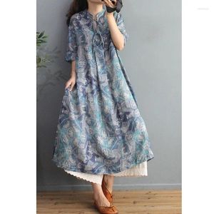 Party Dresses Arrival Summer Arts Style Women Casual Loose Half Sleeve Ankle-length Dress V-neck Vintage Print Cotton Linen P349