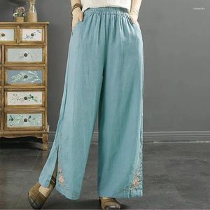Kvinnor Pants Spring Summer Ethnic Style Literary Vintage Brodery Wide Leg Women Cotton Line Loose Casual All-Match Slits Byxor