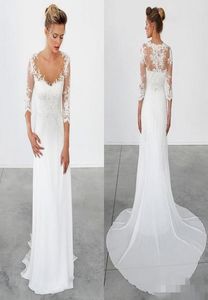 Simple Beach Wedding Dresses 34 Long Sleeves Vintage Wedding Gowns Bohemian Sheath Chiffon Greek Bridal Gowns Lace Appliques1964734