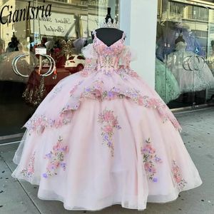 Pink Long Sleeve Crystal Beading Ruffles Quinceanera Dresses Ball Glown Floral Applicies spetsbåge Sweet 15 Birthday