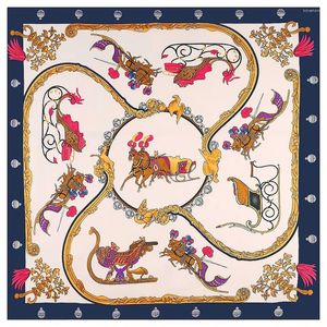 Scarves Silk Scarf Women 2024 Large Shawls Horse Carriage Stoles Square Bandana Luxury Kerchief Hijab Female Foulards 130CM