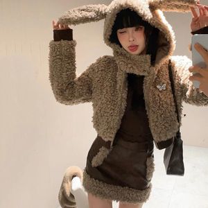 Work Dresses Japanese Kawaii Skirt Sets For Women 2 Piece Autumn Winter Ears Lambhair Jacket Thicken Warm PU Leather Suit