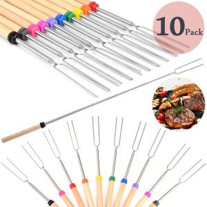 Forks Marshmallow Roasting Sticks,10sets Barbeque BBQ Skewers,32inch Extended Smores Hot Dog Fork with Wooden Handle for Campfire Pit