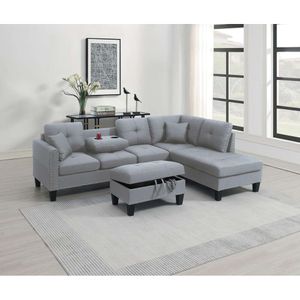 거실 가구 3-PCS 섹션 세트 LAF SOFA RAF Chaise and Storage Ottoman Cup Holder Taupe Grey Color Linen-Like Fabric Couch