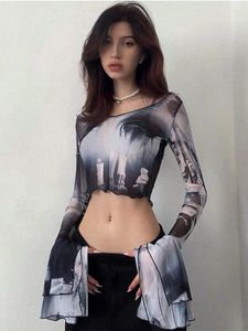 Women's T Shirts Punk Aesthetic Print Mesh Women Crop Tops Gothic Flare Sleeve See Through Emo Shirt Sexy Streetwear