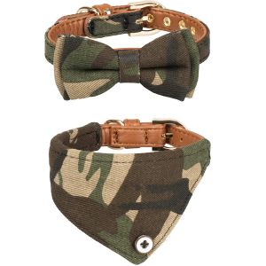 CHARTS CLASSIC CAMO PLAID DOG CHART OCH BANDANAS SET justerbara hundar Bandana och kattkrage med Bowtie för valpkatter Kitten 2 -förpackningar