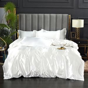 Conjunto de cama de seda com capa de edredão, fronha, luxo, cetim, cor sólida, duplo, único, king, queen, tamanho duplo 240314