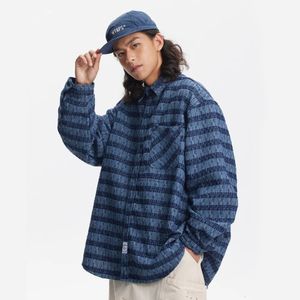 Män väver stripe cityboy japan koreanska streetwear lösa avslappnad långärmad skjorta kappa kvinnor överdimensionerade skjortor ytterkläder 240304