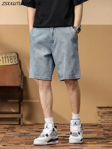 Summer Blue Denim Shorts Men Breathable Cotton Knee-Length Big Size Straight Casual Loose Thin Bermuda Short Jeans Pant 240311